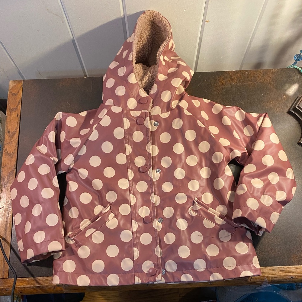 Like new kids rain coat,brown white polka dots/sherpa lined,hood,Me Jane mini,2T